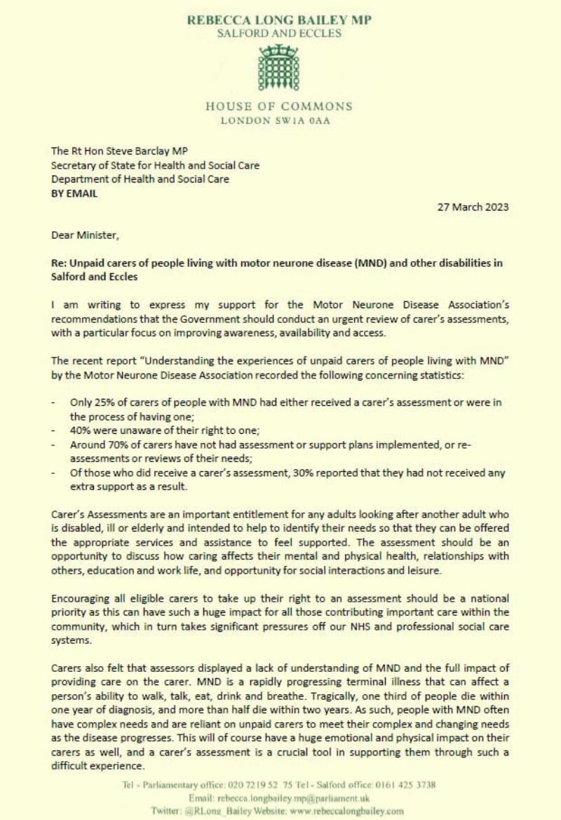 Letter to the Minister from Rebecca about MND carers