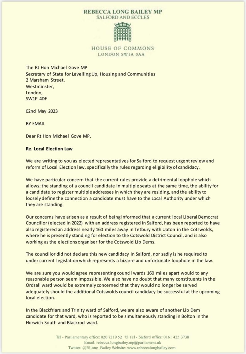 Letter to Michael Gove about Election Law